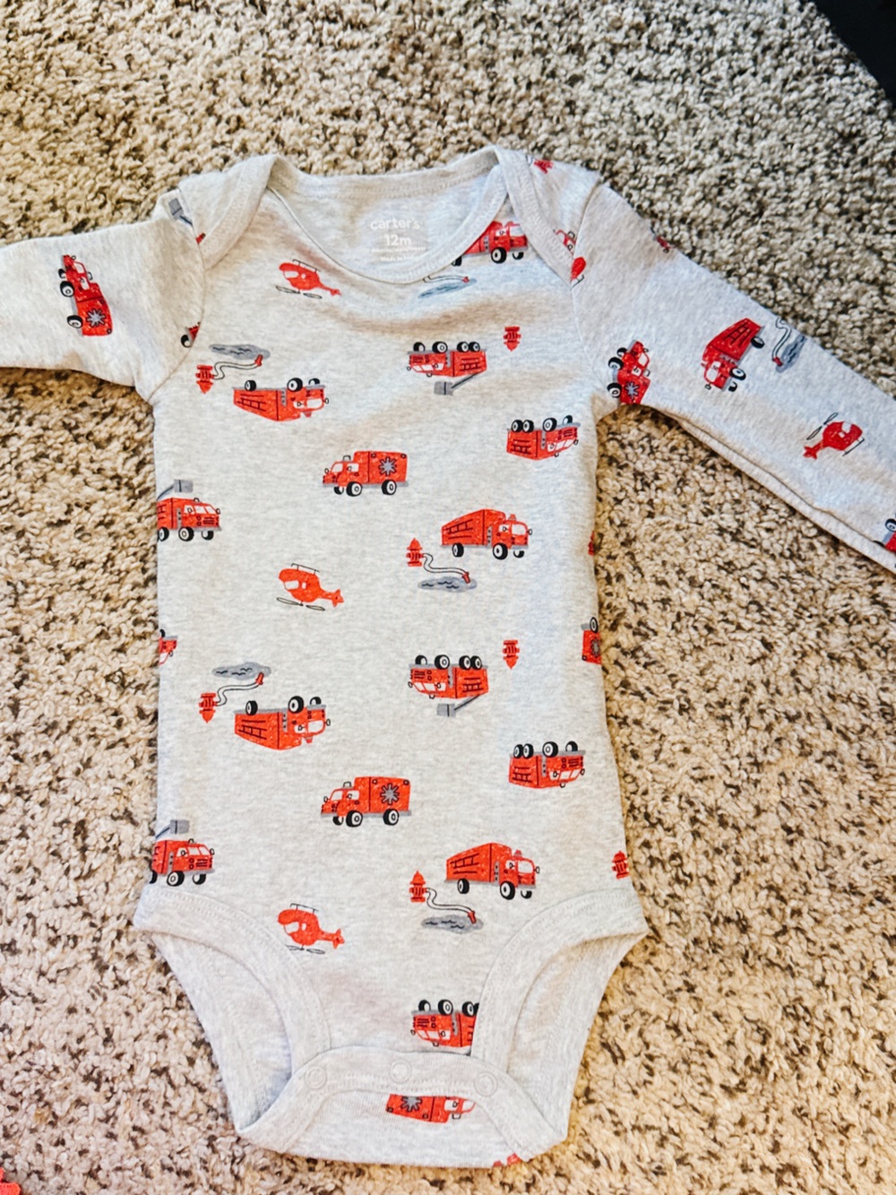 NWOT Carter's Gray Baby Bodysuit with Red Firetruck Print